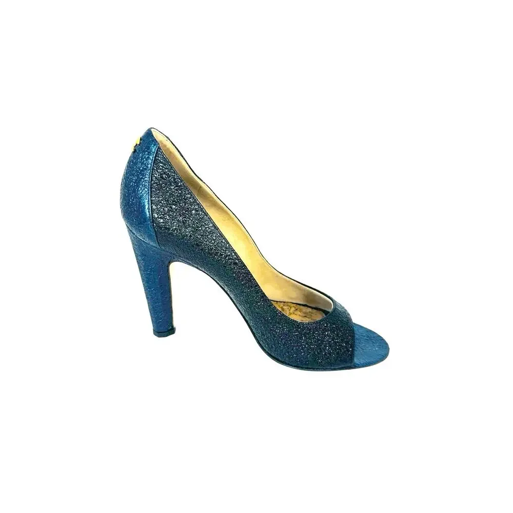 Chanel 2012 Metallic Navy CC Logo Embossed Peep Toe Heels EU 36